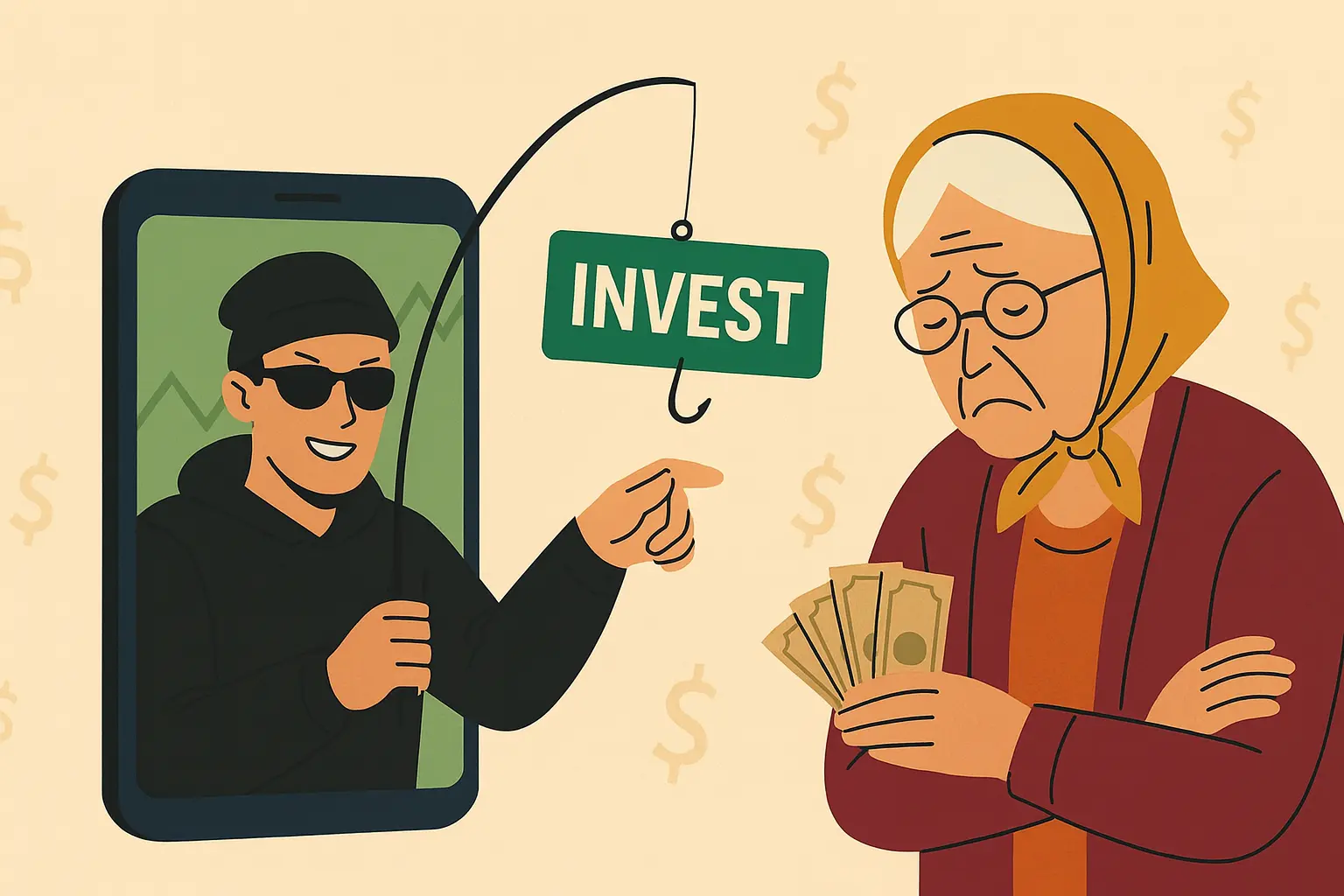 Инвестиции по-деревенски: как мошенники обвели пенсионерку из Дрогичина цифровая иллюстрация, на которой мошенник в чёрной одежде через смартфон заманивает пожилую женщину вложить деньги под видом инвестиций