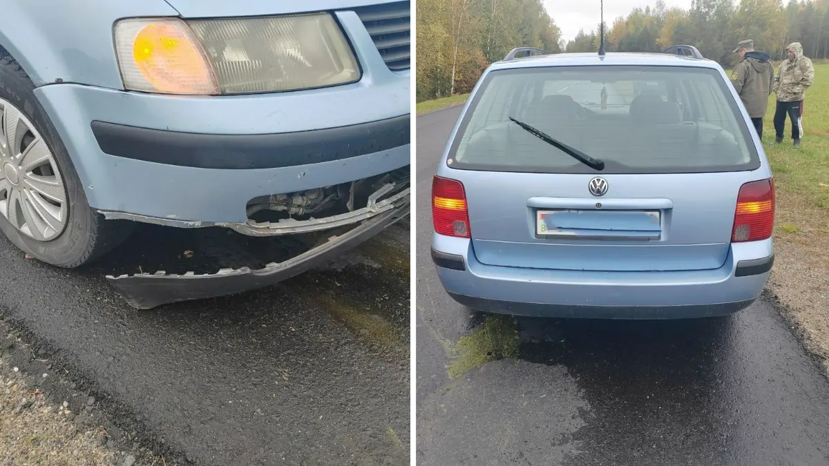 Повреждённый автомобиль после наезда на косулю на трассе возле деревни Подсоколье.